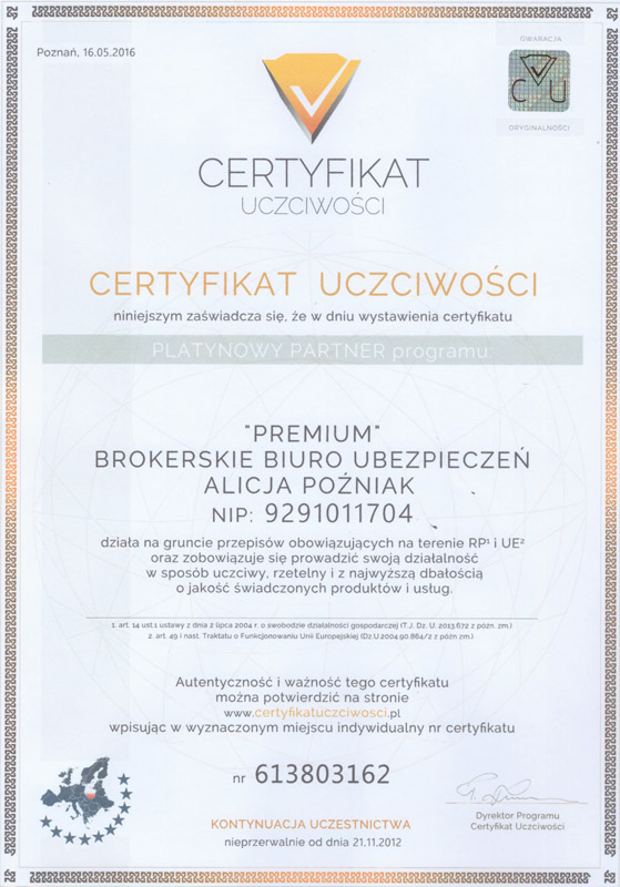 Certyfikat uczciwości